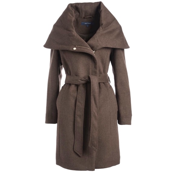 Cole Haan Wool Blend Cape Zip Women's Brown Charcoal Hooded Coat